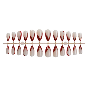 French almond press-on nails with red wave tips and elegant gold line accents, 24 piece set