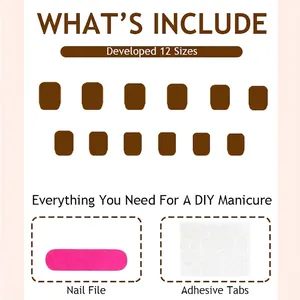 Short square press-on nails size chart with 12 dimensions and application tool set