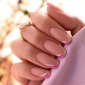 French Pink Press On Nails With Glitter Lines Square Coffin Artificial Fake Nails And Adhesive Tabs For Women