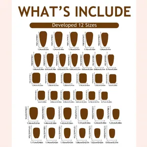 Size chart for solid color press-on nails featuring 12 sizes with detailed measurements