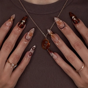 3D Embossed Flower Cherry French Almond Press On Nails Burgundy Gradient Gold Glitter Long Fake Nails