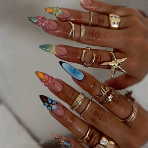 3D floral press-on nails with long stiletto shape, tropical hand-painted art designs