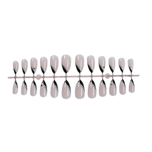 French almond press-on nails with black heart patterns and glitter stripes, 24 piece set