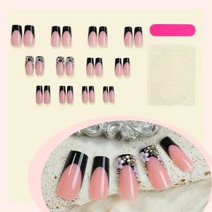 French tip press-on nails set with purple flowers and champagne rhinestones decoration