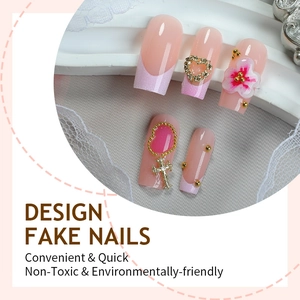 3D floral heart press-on nails set with nude pink and purple glitter gradient finish