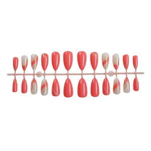 French almond fake nails with coral pink glitter lines and almond shape set of 24pcs