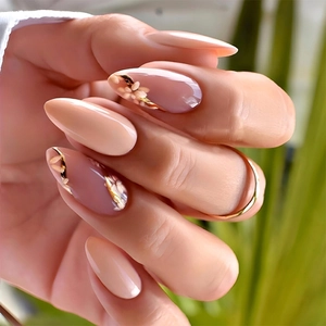 Almond Press On Nails French Nude Pink Flower Gold Foil Glossy Artificial Fake Nails For Women DIY Manicure Elegant Style