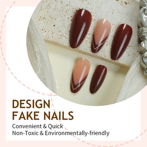 French almond press-on nails in chocolate brown and nude pink with gold glitter lines