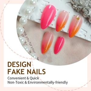 French heart almond fake nails with pink gradient and glitter gold line accents
