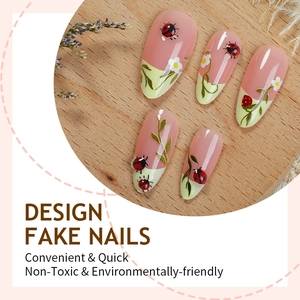 3D ladybug and flower press-on nails with French almond shape and glossy resin finish