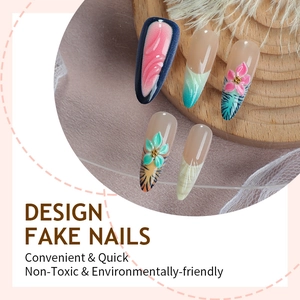 3D floral long almond fake nails with leopard print and embossed flower designs