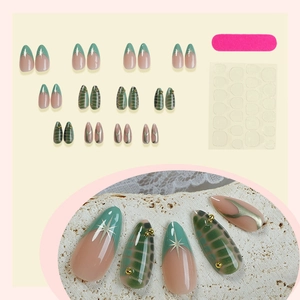 Almond green leopard print press on nails set with marble patterns and gold beads