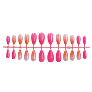 French almond press-on nails set with pink glitter, orange gradient, and golden hearts