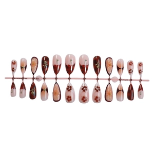 3D embossed floral and cherry almond press-on nails in burgundy gradient style
