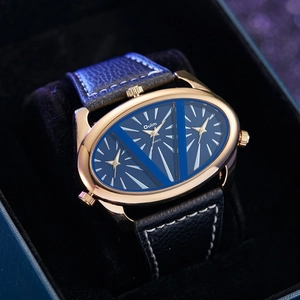 Oulm multi-timezone rose gold large dial watch with blue starry face and leather strap