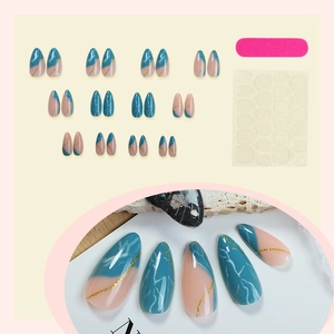 24-piece long almond press-on nails in blue and nude with gold glitter lines and tools