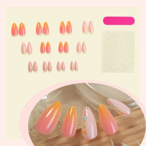 French almond press-on nails with pink gradient and colorful dots 24pcs set with tools
