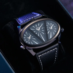 Men's Oulm dual time zone quartz watch with large black dial and leather strap in gift box