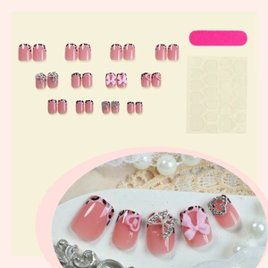 Pink bow heart diamond press-on nails set with leopard french tip short square fake nails