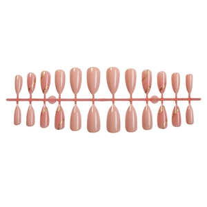 French nude almond press-on nails with pink cherry blossoms and golden swirl accents