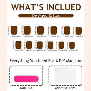 Press-on nail kit size chart including 12 sizes of pearly nails with tools