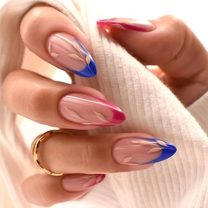 French Press On Nails Almond Shape Red Blue Tips With White Leaf Relief Pattern Elegant Artificial Nails For Women