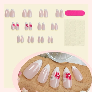 Unghie finte a mandorla french con fiori dipinti e strass con kit di accessori