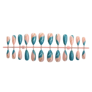 French almond press-on nails with blue and pink marble texture and gold glitter lines