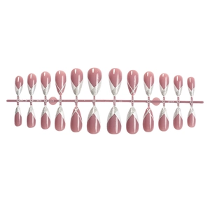 Short almond press-on nails in dusty rose with geometric silver glitter French tips