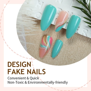 Faux ongles amande français avec lignes abstraites colorées et finition vert menthe