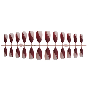 Almond press on nails featuring burgundy and pink matte design with gold curved lines