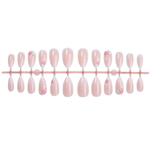 Pink almond press-on nails set with delicate floral patterns and transparent finish