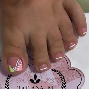 French Style Press On Toenails Pink White Leaf Pattern Green Geometric Short Full Cover Fake Nails Women With Glue Tabs