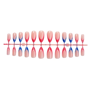 Almond-shaped press-on nails with blue and rose red French tips and leaf vein textures