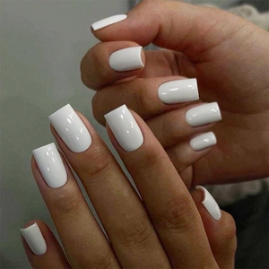 Glossy white marble press-on nails in medium square shape for modern women fashion