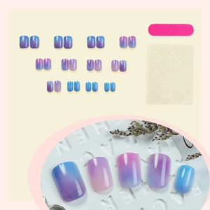 Short square gradient blueberry press-on nails set with mini file and adhesive tabs