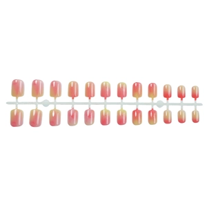 Faux ongles courts carrés dégradé rose et jaune avec texture marbrée lot de 24