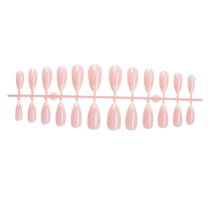 Pink French almond press-on nails with white gradient tips on a sizing application frame