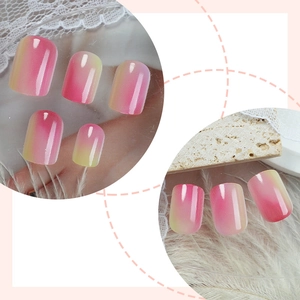 Short square gradient press-on nails in pink and green with high glossy finish