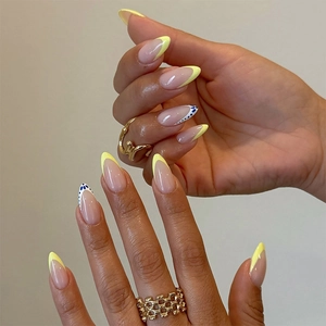 Press On Nails French Almond Long Lemon Yellow Polka Dot ABS False Nails Manicure Tool