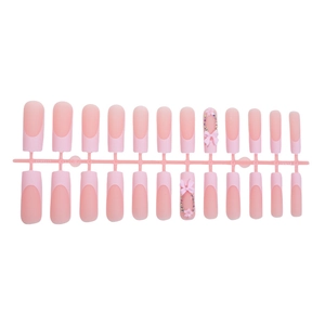 French style long square press-on nails with 3D pink bows and colorful rhinestones
