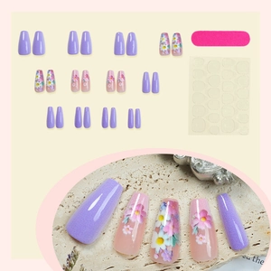 24pcs lilac floral press-on nails with daisy designs, coffin shape, and glue kit