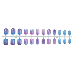 Short press-on nails set with purple to blue gradient finish and glossy surface