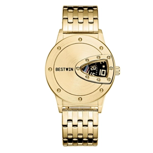 Luxe gold quartz watch for men featuring a unique triangular digital dial by BESTWIN