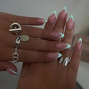 Faux Ongles à Presser Bord Vert Menthe Français Amande Rose Nude Longs Ovales Couverture Complète Manucure Avec Onglets Adhésifs Lime à Ongles