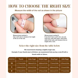 Size guide for press-on nails showing measurement steps and dimensions in mm and inches