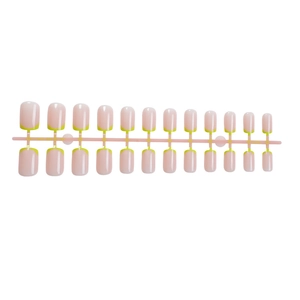 Short square press-on nails with fluorescent green French tips and natural pink base color