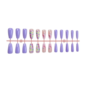 Pastel floral press-on nails set with purple and daisy patterns 24 pieces set