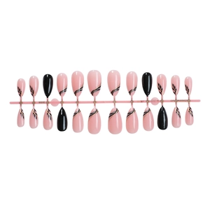 Pink and black marble pattern press-on nails set with wave lines and leaf art details