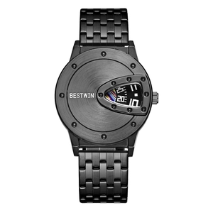 Bestwin men's fashion watch with black brushed metal triangular dial and steel strap